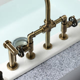 Webb Two-Handle 4-Hole Deck Mount Bridge Kitchen Faucet with Knurled Handle and Brass Side Sprayer