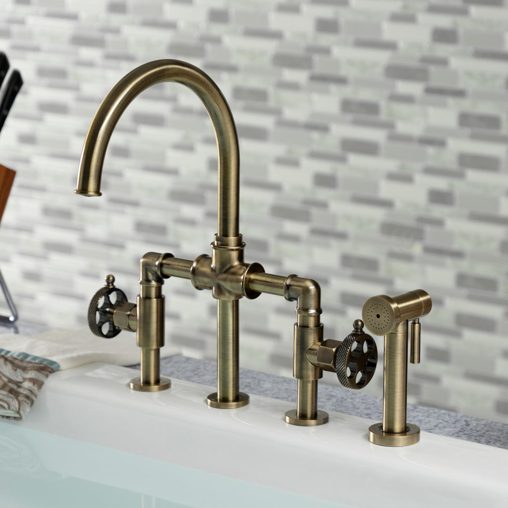 Webb Two-Handle 4-Hole Deck Mount Bridge Kitchen Faucet with Knurled Handle and Brass Side Sprayer