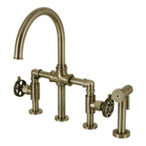 Webb Two-Handle 4-Hole Deck Mount Bridge Kitchen Faucet with Knurled Handle and Brass Side Sprayer