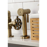 Belknap Two-Handle 4-Hole Deck Mount Industrial Style Bridge Kitchen Faucet with Brass Side Sprayer