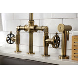 Belknap Two-Handle 4-Hole Deck Mount Industrial Style Bridge Kitchen Faucet with Brass Side Sprayer