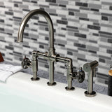 Fuller Two-Handle 4-Hole Deck Mount Bridge Kitchen Faucet with Brass Sprayer