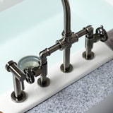 Webb Two-Handle 4-Hole Deck Mount Bridge Kitchen Faucet with Knurled Handle and Brass Side Sprayer