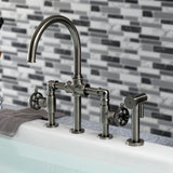 Webb Two-Handle 4-Hole Deck Mount Bridge Kitchen Faucet with Knurled Handle and Brass Side Sprayer