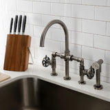 Belknap Two-Handle 4-Hole Deck Mount Industrial Style Bridge Kitchen Faucet with Brass Side Sprayer
