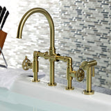 Fuller Two-Handle 4-Hole Deck Mount Bridge Kitchen Faucet with Brass Sprayer