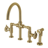 Fuller Two-Handle 4-Hole Deck Mount Bridge Kitchen Faucet with Brass Sprayer