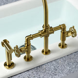 Webb Two-Handle 4-Hole Deck Mount Bridge Kitchen Faucet with Knurled Handle and Brass Side Sprayer