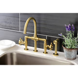 Belknap Two-Handle 4-Hole Deck Mount Industrial Style Bridge Kitchen Faucet with Brass Side Sprayer