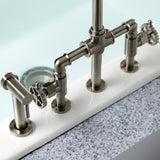 Fuller Two-Handle 4-Hole Deck Mount Bridge Kitchen Faucet with Brass Sprayer