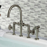 Fuller Two-Handle 4-Hole Deck Mount Bridge Kitchen Faucet with Brass Sprayer