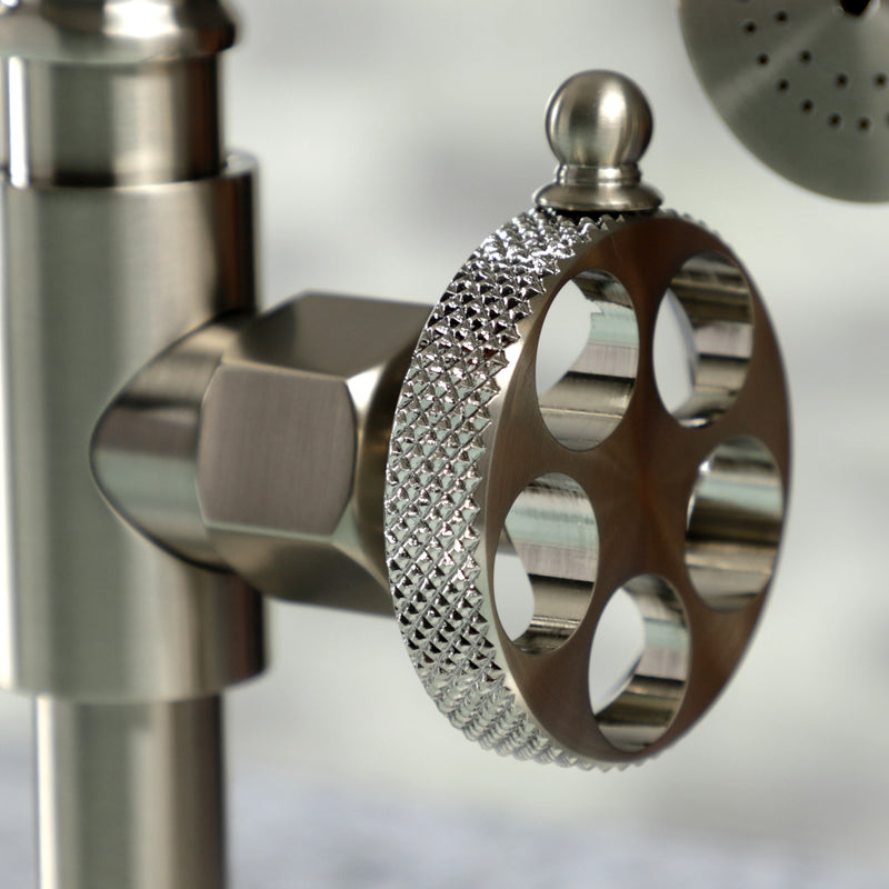 Webb Two-Handle 4-Hole Deck Mount Bridge Kitchen Faucet with Knurled Handle and Brass Side Sprayer