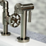 Webb Two-Handle 4-Hole Deck Mount Bridge Kitchen Faucet with Knurled Handle and Brass Side Sprayer
