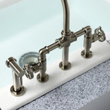 Webb Two-Handle 4-Hole Deck Mount Bridge Kitchen Faucet with Knurled Handle and Brass Side Sprayer