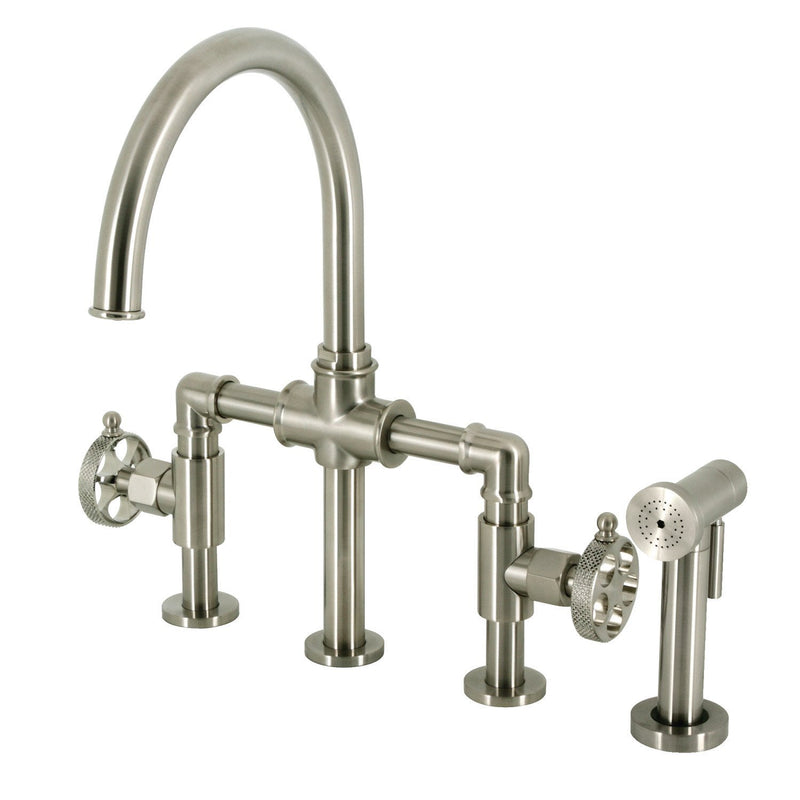 Webb Two-Handle 4-Hole Deck Mount Bridge Kitchen Faucet with Knurled Handle and Brass Side Sprayer