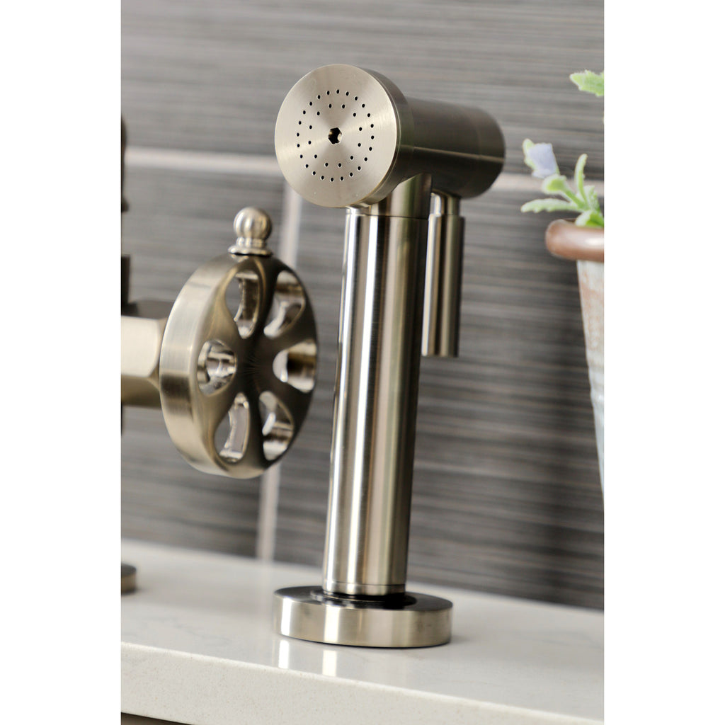 Belknap Two-Handle 4-Hole Deck Mount Bridge Kitchen Faucet with Brass Sprayer