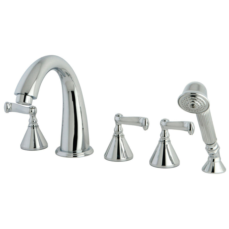 Three-Handle 5-Hole Deck Mount Roman Tub Faucet with Hand Shower