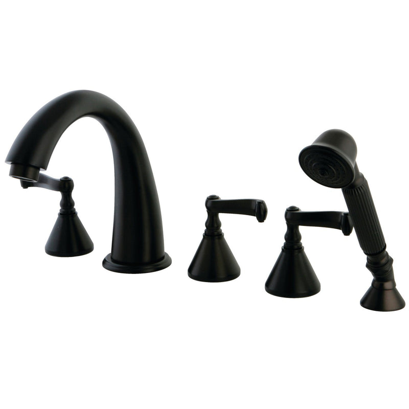 Three-Handle 5-Hole Deck Mount Roman Tub Faucet with Hand Shower