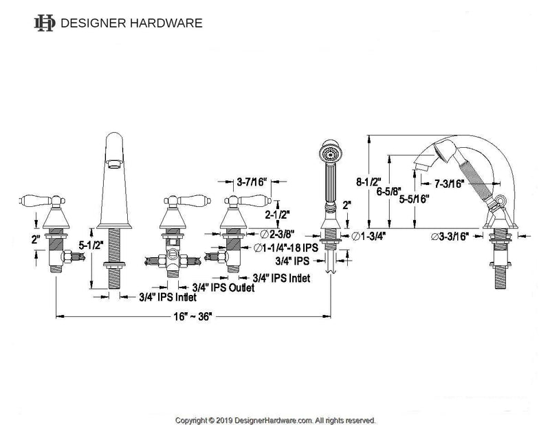 Three-Handle 5-Hole Deck Mount Roman Tub Faucet with Hand Shower