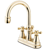 Restoration Double-Handle 3-Hole Deck Mount 4-Inch Centerset Bathroom Faucet with Brass Pop-Up