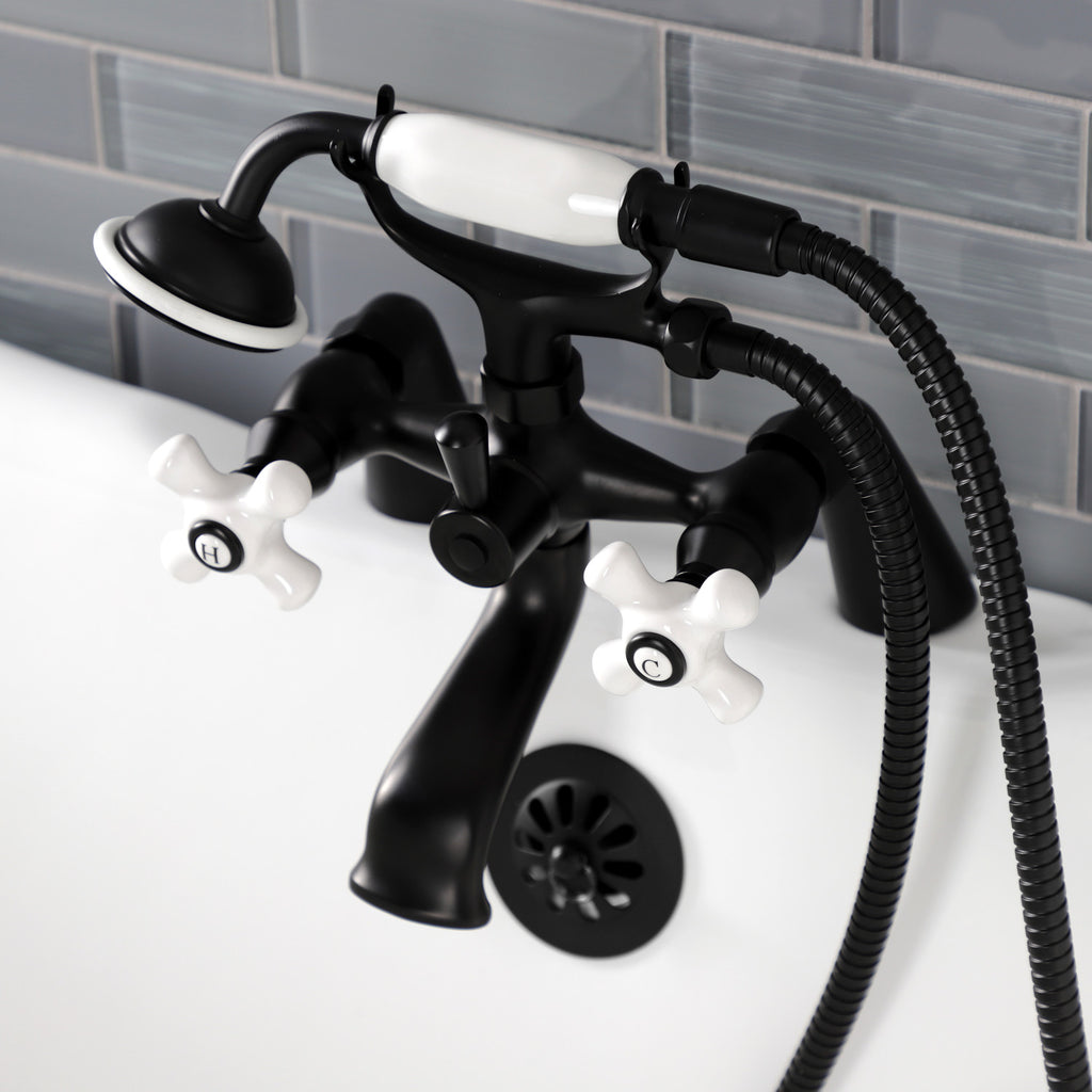 Kingston Three-Handle 2-Hole Deck Mount Clawfoot Tub Faucet with Hand Shower