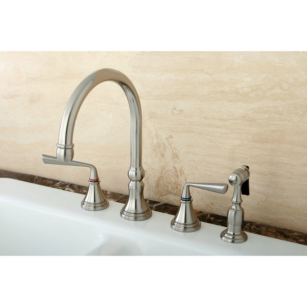 Silver Sage Two-Handle 4-Hole Deck Mount Widespread Kitchen Faucet with Brass Sprayer