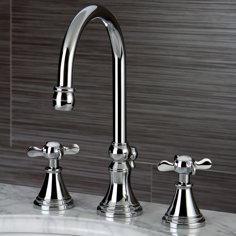 Essex Two-Handle 3-Hole Deck Mount Widespread Bathroom Faucet with Brass Pop-Up