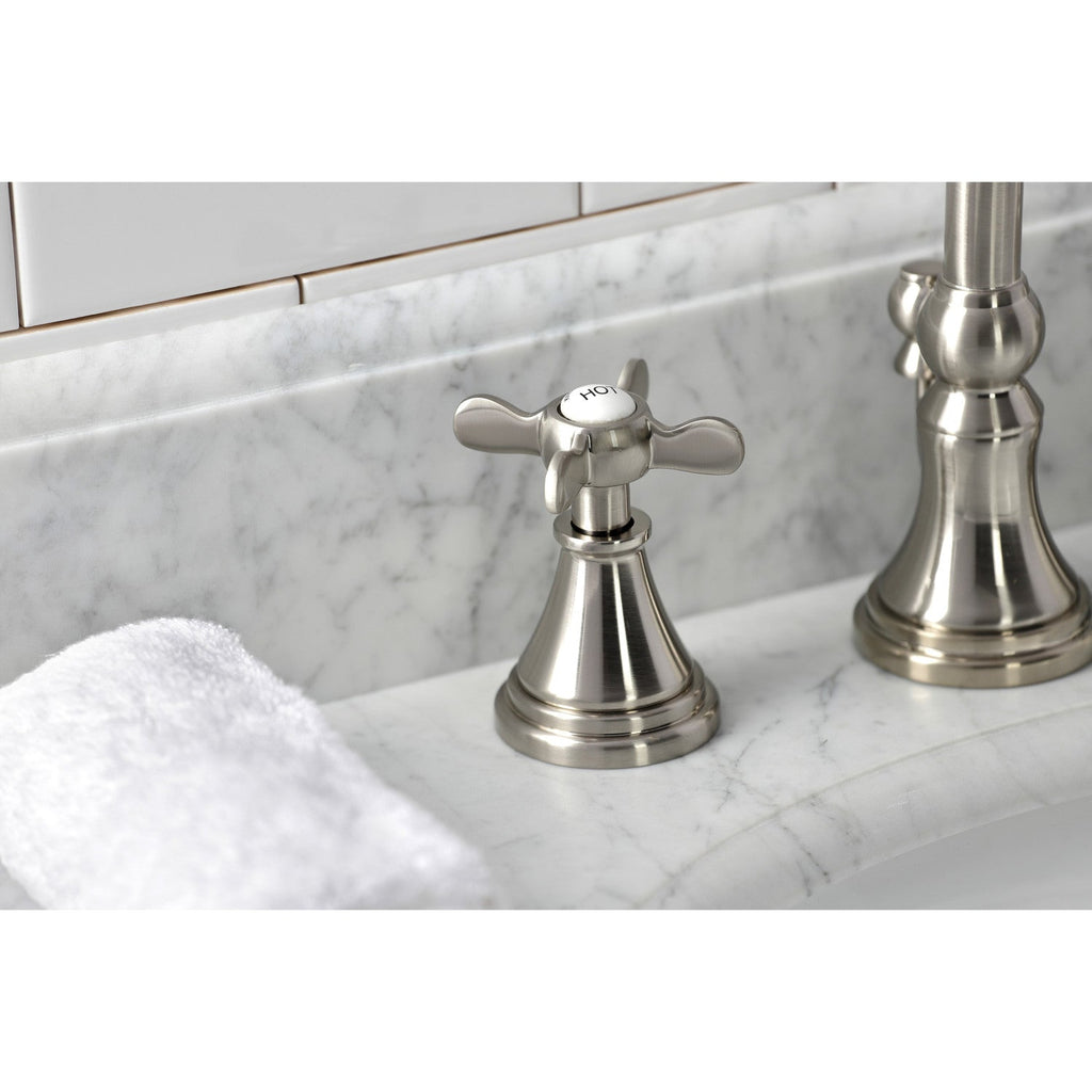 Essex Two-Handle 3-Hole Deck Mount Widespread Bathroom Faucet with Brass Pop-Up