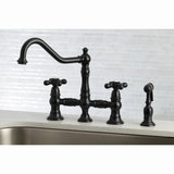 Restoration Two-Handle 4-Hole Deck Mount Bridge Kitchen Faucet with Brass Side Sprayer