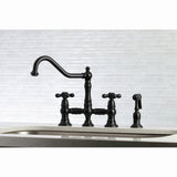 Restoration Two-Handle 4-Hole Deck Mount Bridge Kitchen Faucet with Brass Side Sprayer