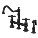 Restoration Two-Handle 4-Hole Deck Mount Bridge Kitchen Faucet with Brass Side Sprayer