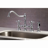 Restoration Two-Handle 4-Hole Deck Mount Bridge Kitchen Faucet with Brass Side Sprayer