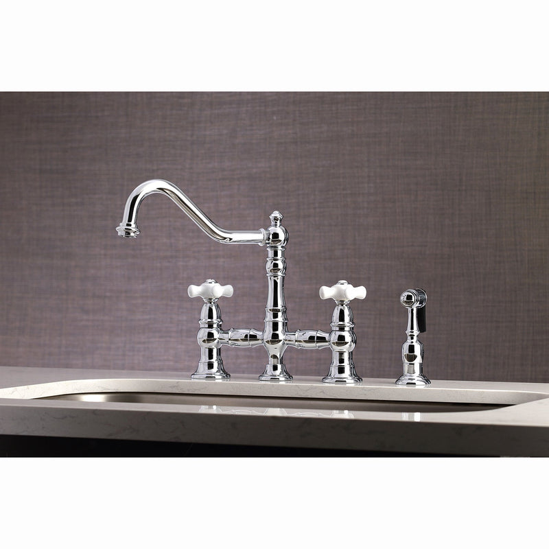 Restoration Two-Handle 4-Hole Deck Mount Bridge Kitchen Faucet with Brass Side Sprayer