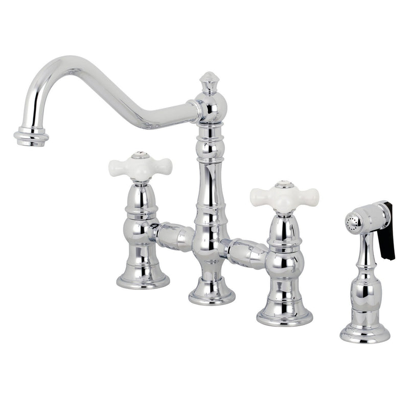Restoration Two-Handle 4-Hole Deck Mount Bridge Kitchen Faucet with Brass Side Sprayer