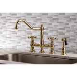 Restoration Two-Handle 4-Hole Deck Mount Bridge Kitchen Faucet with Brass Side Sprayer