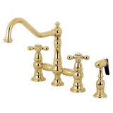 Restoration Two-Handle 4-Hole Deck Mount Bridge Kitchen Faucet with Brass Side Sprayer