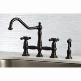 Restoration Two-Handle 4-Hole Deck Mount Bridge Kitchen Faucet with Brass Side Sprayer