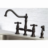 Restoration Two-Handle 4-Hole Deck Mount Bridge Kitchen Faucet with Brass Side Sprayer
