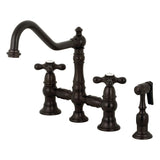 Restoration Two-Handle 4-Hole Deck Mount Bridge Kitchen Faucet with Brass Side Sprayer