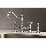 Restoration Two-Handle 4-Hole Deck Mount Bridge Kitchen Faucet with Brass Side Sprayer