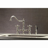 Restoration Two-Handle 4-Hole Deck Mount Bridge Kitchen Faucet with Brass Side Sprayer