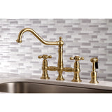 Restoration Two-Handle 4-Hole Deck Mount Bridge Kitchen Faucet with Brass Side Sprayer