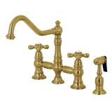 Restoration Two-Handle 4-Hole Deck Mount Bridge Kitchen Faucet with Brass Side Sprayer