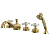 Three-Handle 5-Hole Deck Mount Roman Tub Faucet with Hand Shower