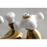 Restoration Two-Handle 3-Hole Deck Mount 4" Centerset Bathroom Faucet with Brass Pop-Up
