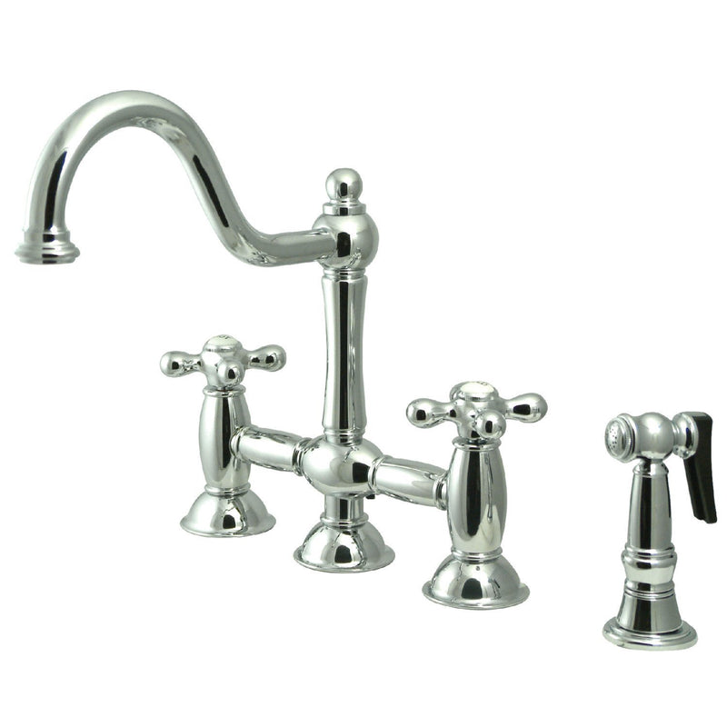 Restoration Two-Handle 4-Hole Deck Mount Bridge Kitchen Faucet with Brass Side Sprayer