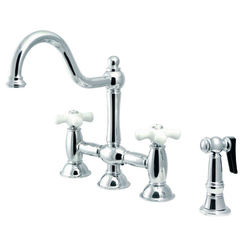 Restoration Two-Handle 4-Hole Deck Mount Bridge Kitchen Faucet with Brass Side Sprayer