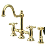 Restoration Two-Handle 4-Hole Deck Mount Bridge Kitchen Faucet with Brass Sprayer