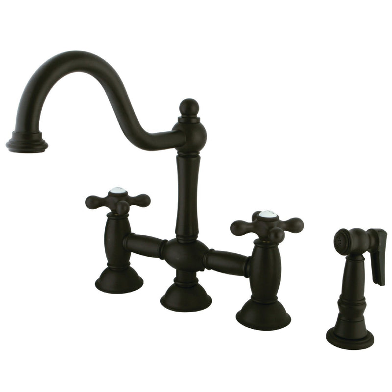 Restoration Two-Handle 4-Hole Deck Mount Bridge Kitchen Faucet with Brass Side Sprayer