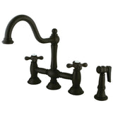Restoration Two-Handle 4-Hole Deck Mount Bridge Kitchen Faucet with Brass Sprayer